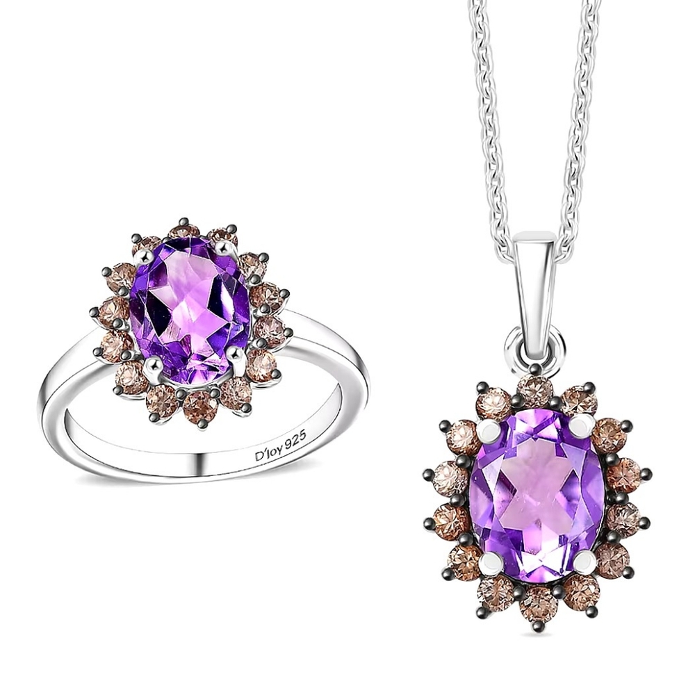 Elegant Moroccan Amethyst With Champagne Zircon Ring & Pendant Necklace
